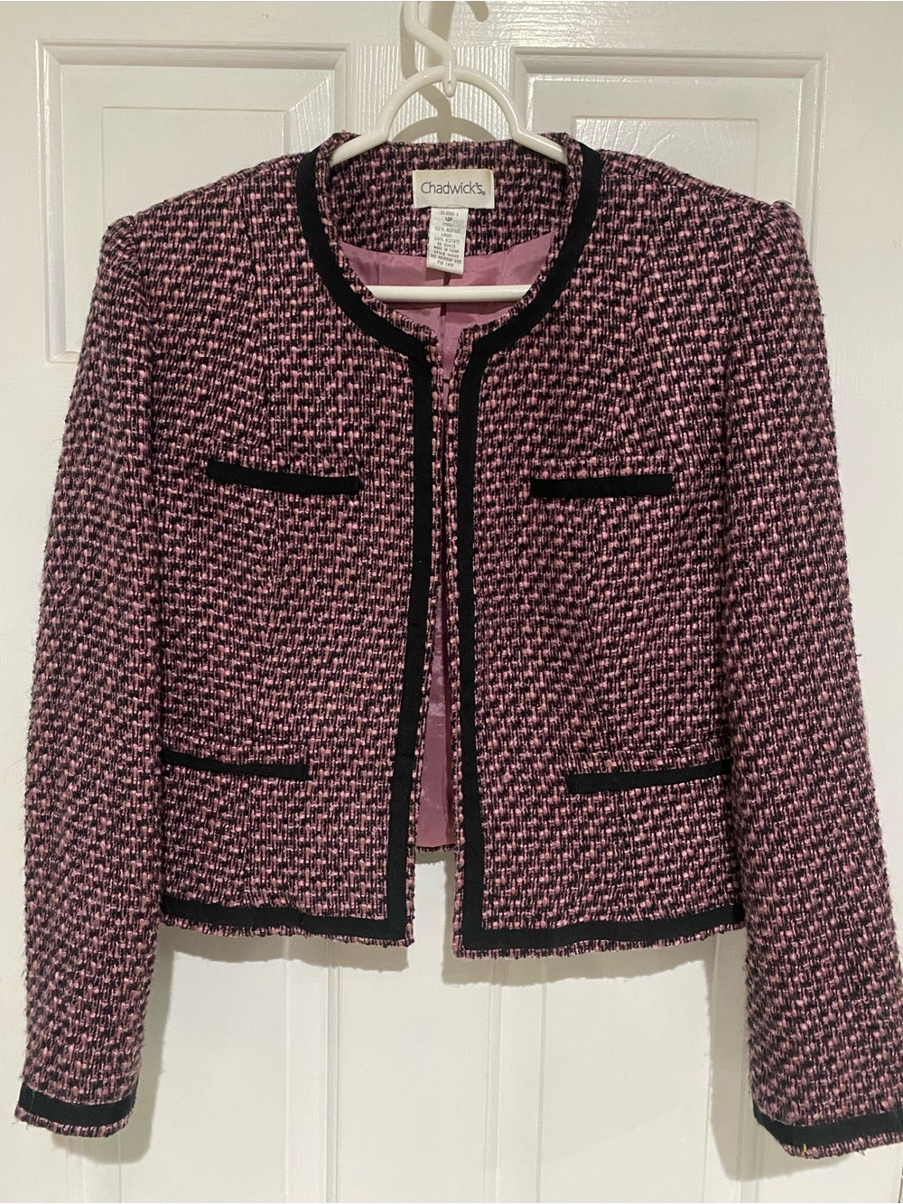 Chadwicks Pink and Black Tweed Collarless Jacket